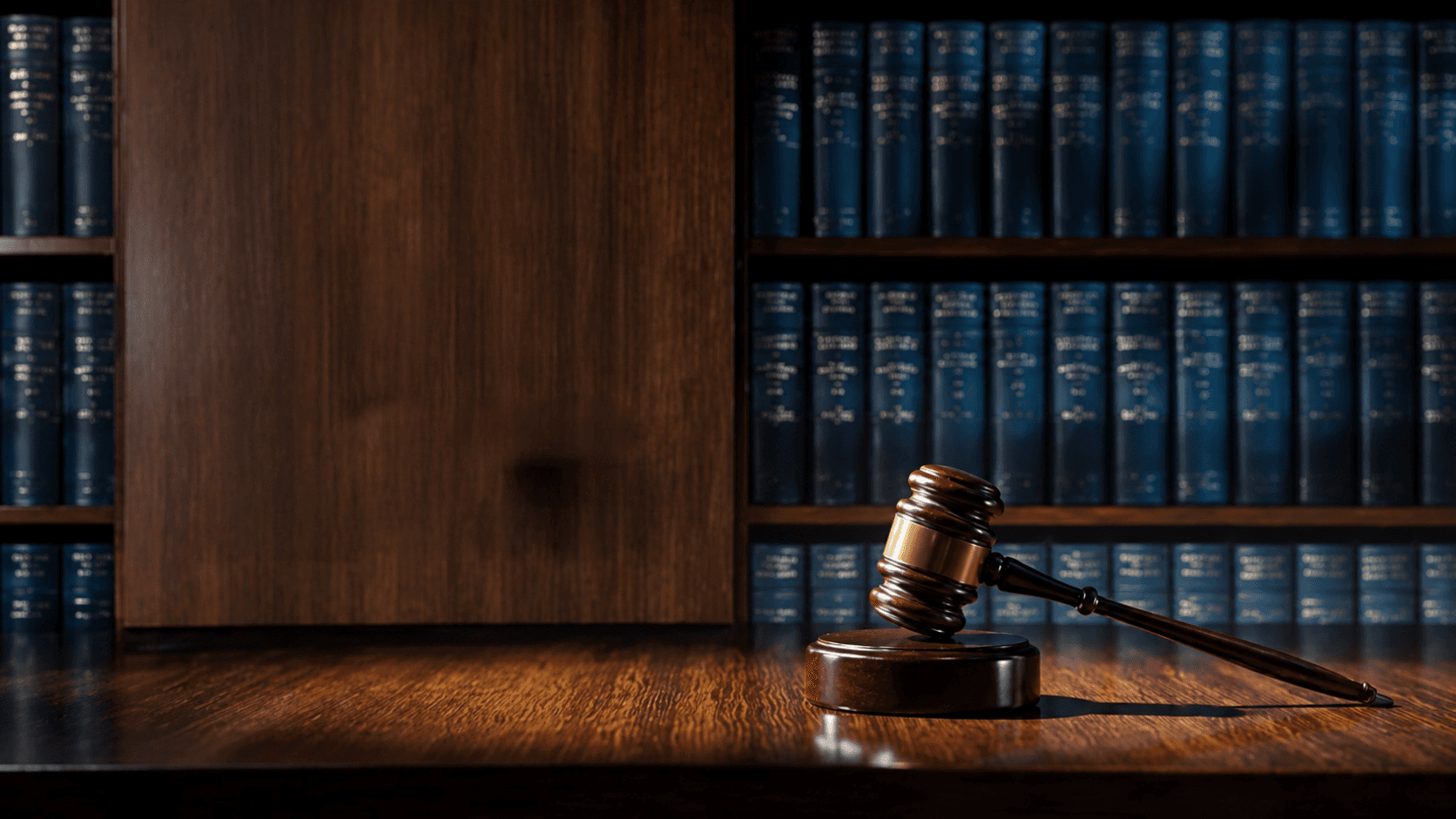 Mazo judicial sobre escritorio de madera frente a una biblioteca jurídica